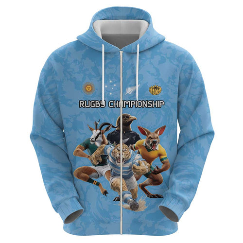 Custom Rugby Southern Hemisphere Zip Hoodie Argentina AUNZ South Africa Mascot Blue - Aussie Hoodie
