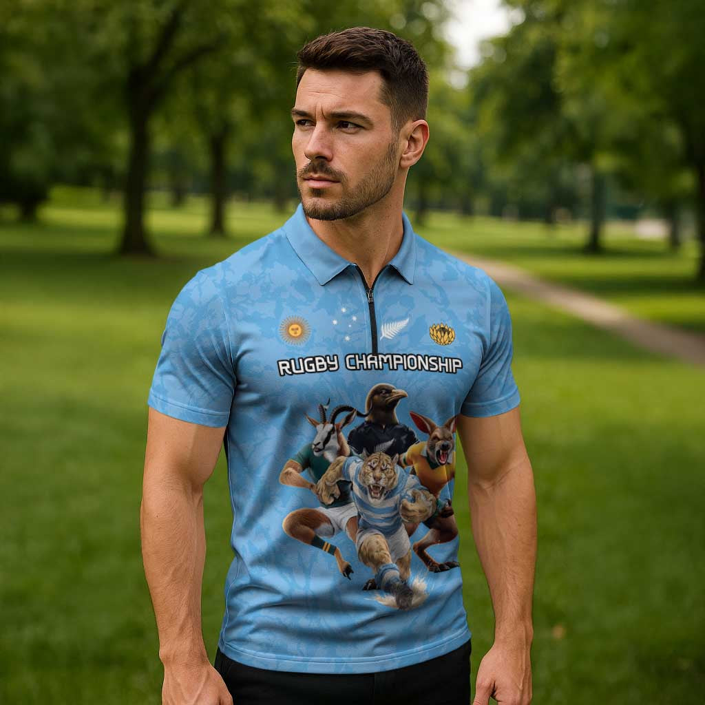 Custom Rugby Southern Hemisphere Zipper Polo Shirt Argentina AUNZ South Africa Mascot Blue - Aussie Hoodie