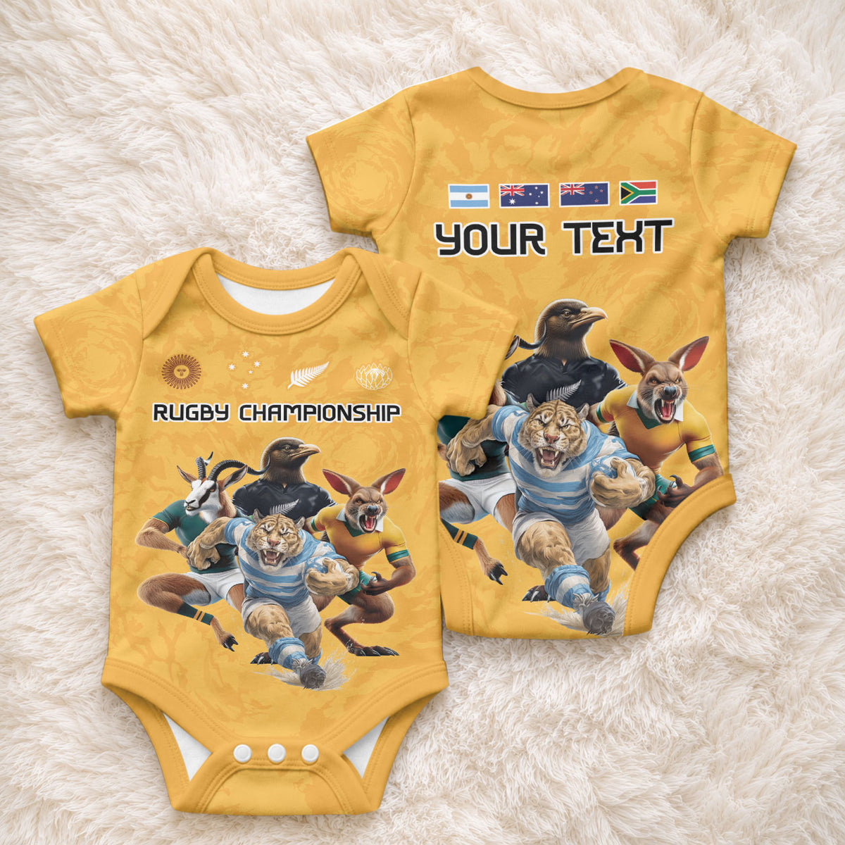 Custom Rugby Southern Hemisphere Baby Onesie Argentina AUNZ South Africa Mascot Gold