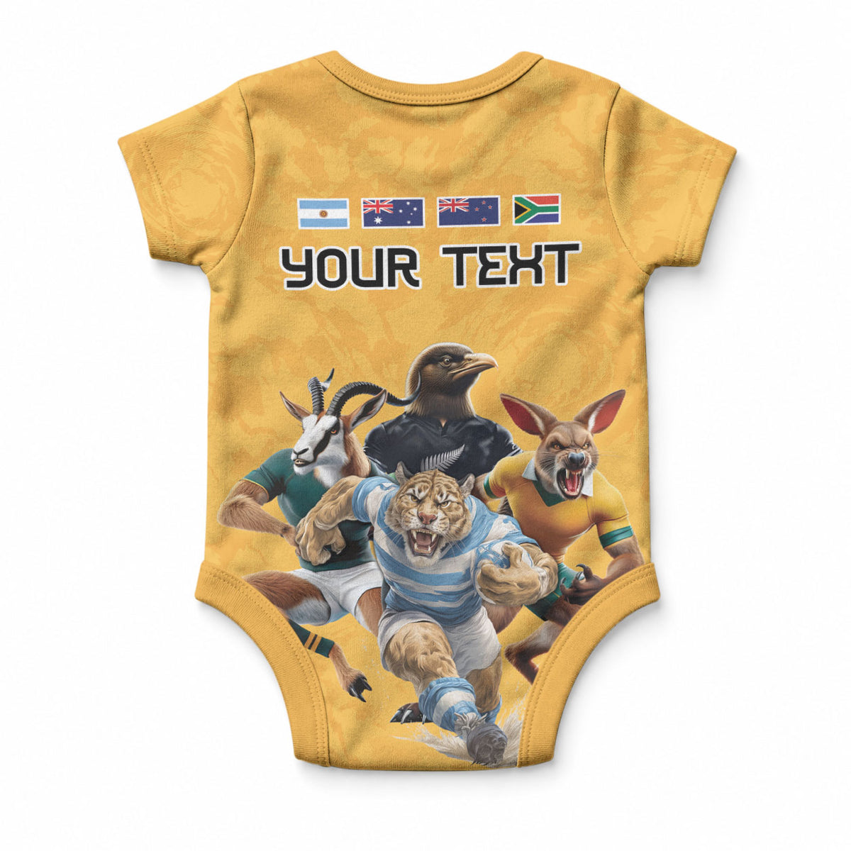 Custom Rugby Southern Hemisphere Baby Onesie Argentina AUNZ South Africa Mascot Gold