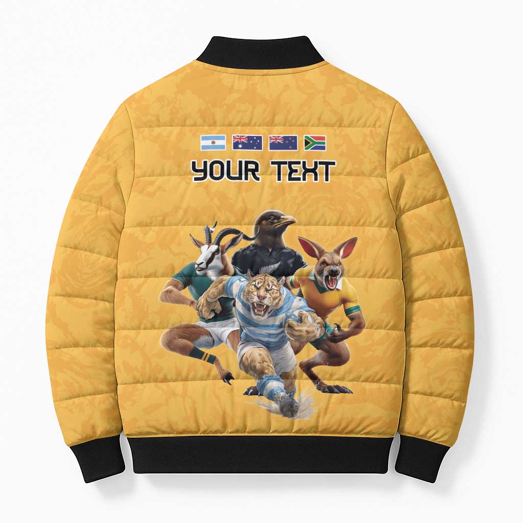 Custom Rugby Southern Hemisphere Bomber Puffer Jacket Argentina AUNZ South Africa Mascot Gold - Aussie Hoodie