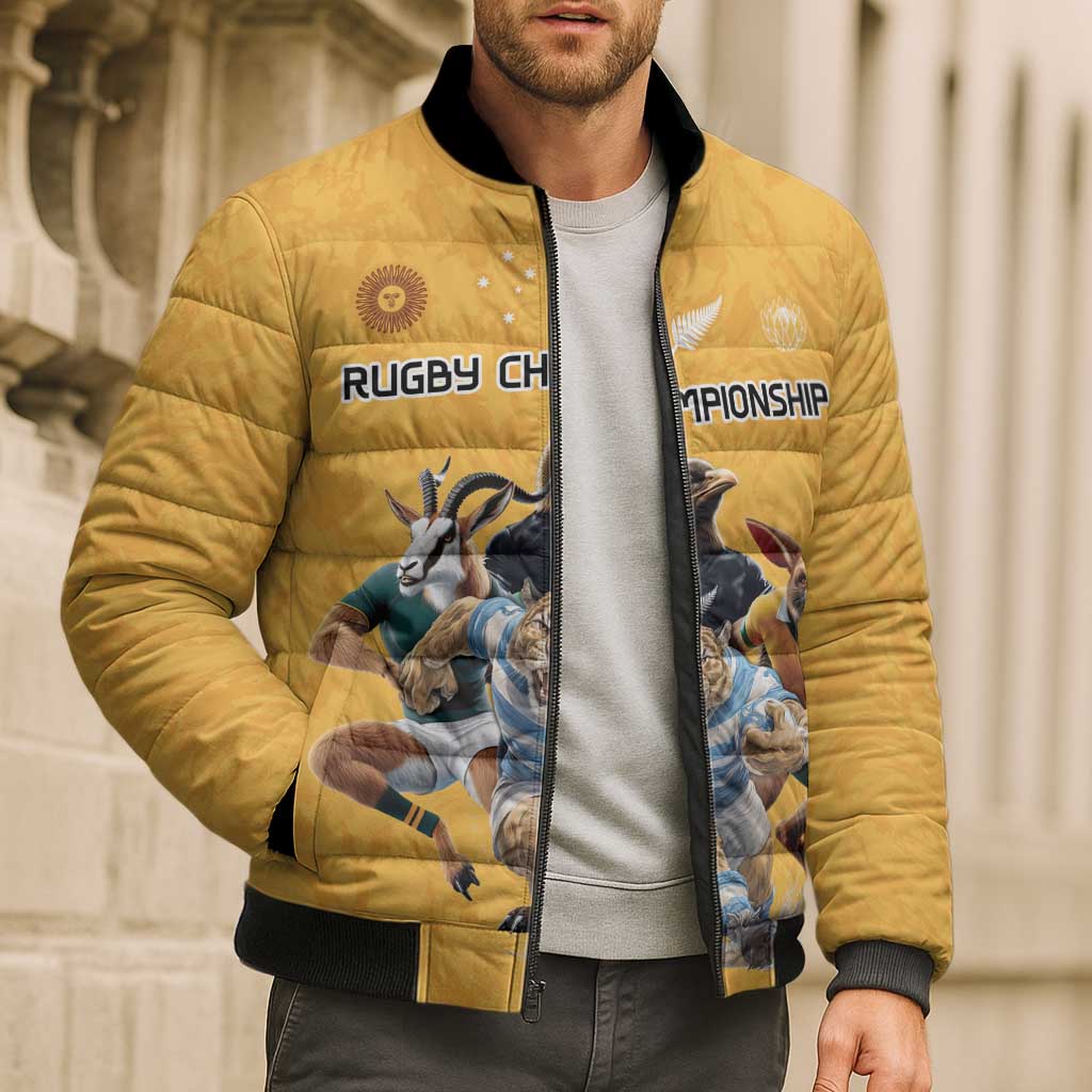 Custom Rugby Southern Hemisphere Bomber Puffer Jacket Argentina AUNZ South Africa Mascot Gold - Aussie Hoodie