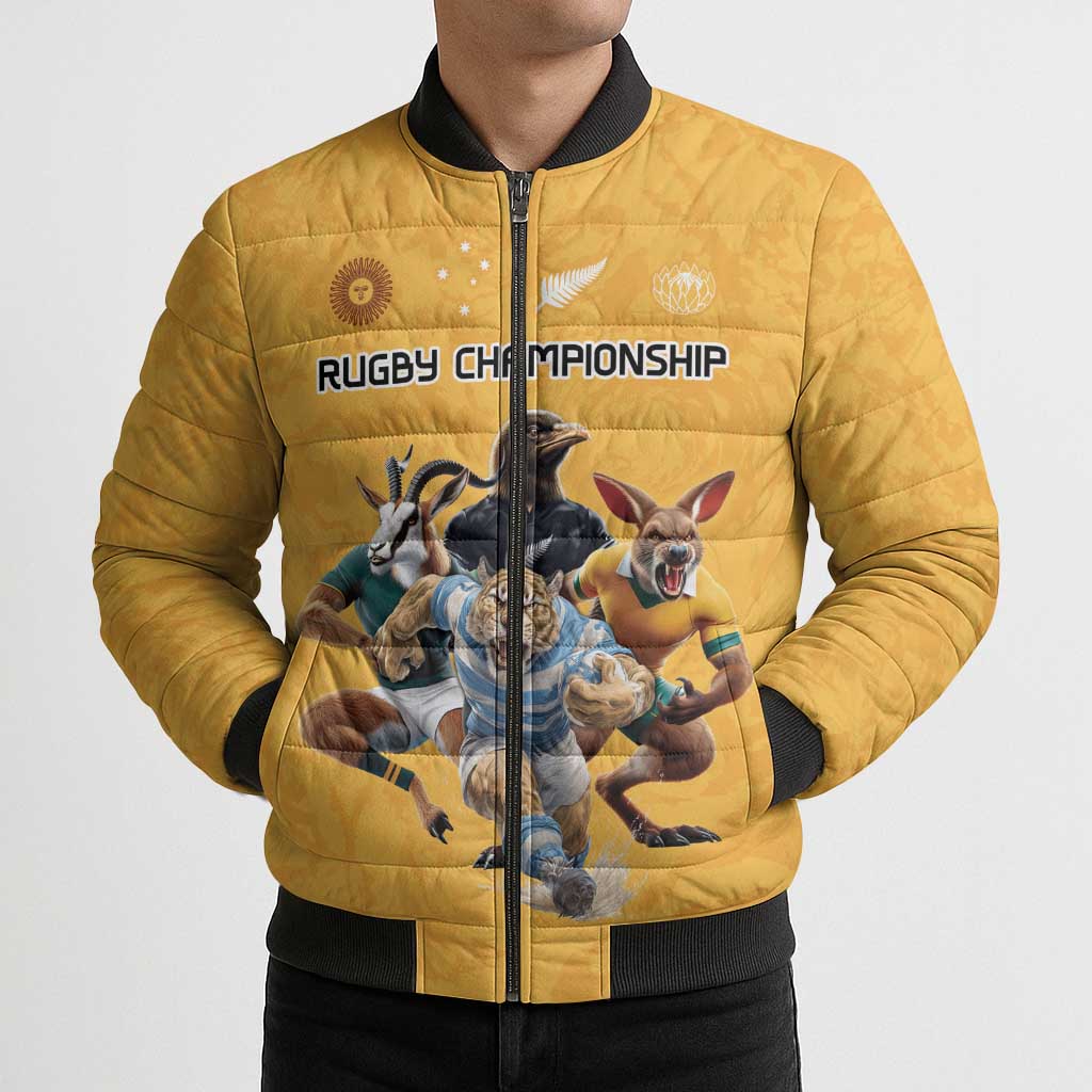 Custom Rugby Southern Hemisphere Bomber Puffer Jacket Argentina AUNZ South Africa Mascot Gold - Aussie Hoodie