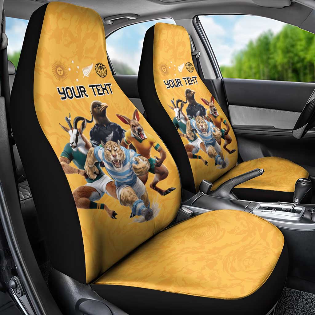 Custom Rugby Southern Hemisphere Car Seat Cover Argentina AUNZ South Africa Mascot Gold - Aussie Hoodie