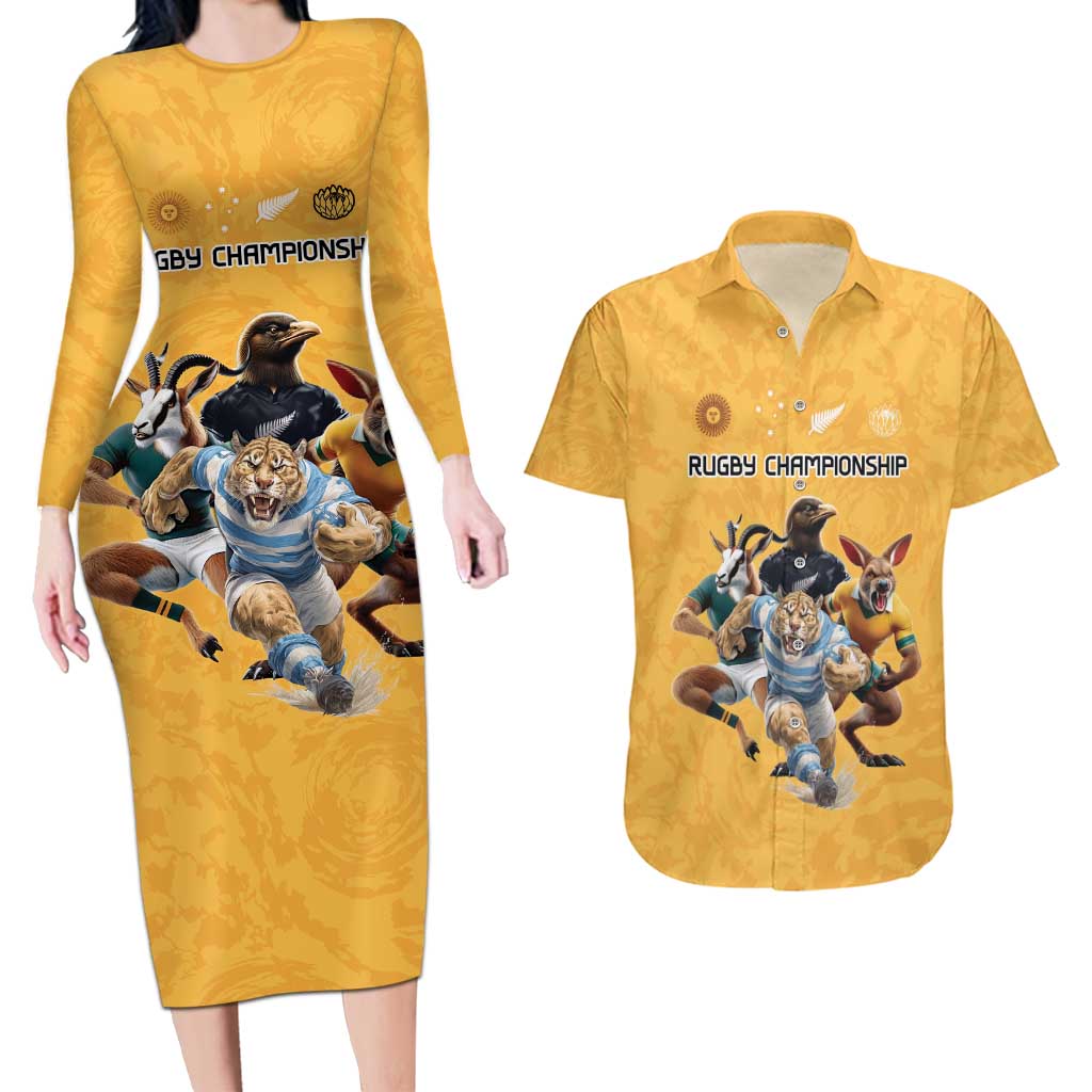 Custom Rugby Southern Hemisphere Couples Matching Long Sleeve Bodycon Dress and Hawaiian Shirt Argentina AUNZ South Africa Mascot Gold - Aussie Hoodie