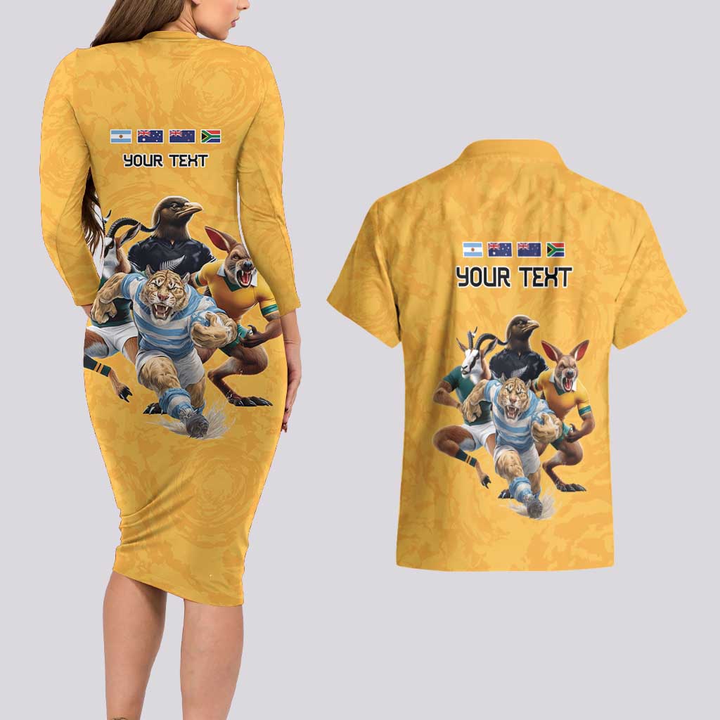Custom Rugby Southern Hemisphere Couples Matching Long Sleeve Bodycon Dress and Hawaiian Shirt Argentina AUNZ South Africa Mascot Gold - Aussie Hoodie