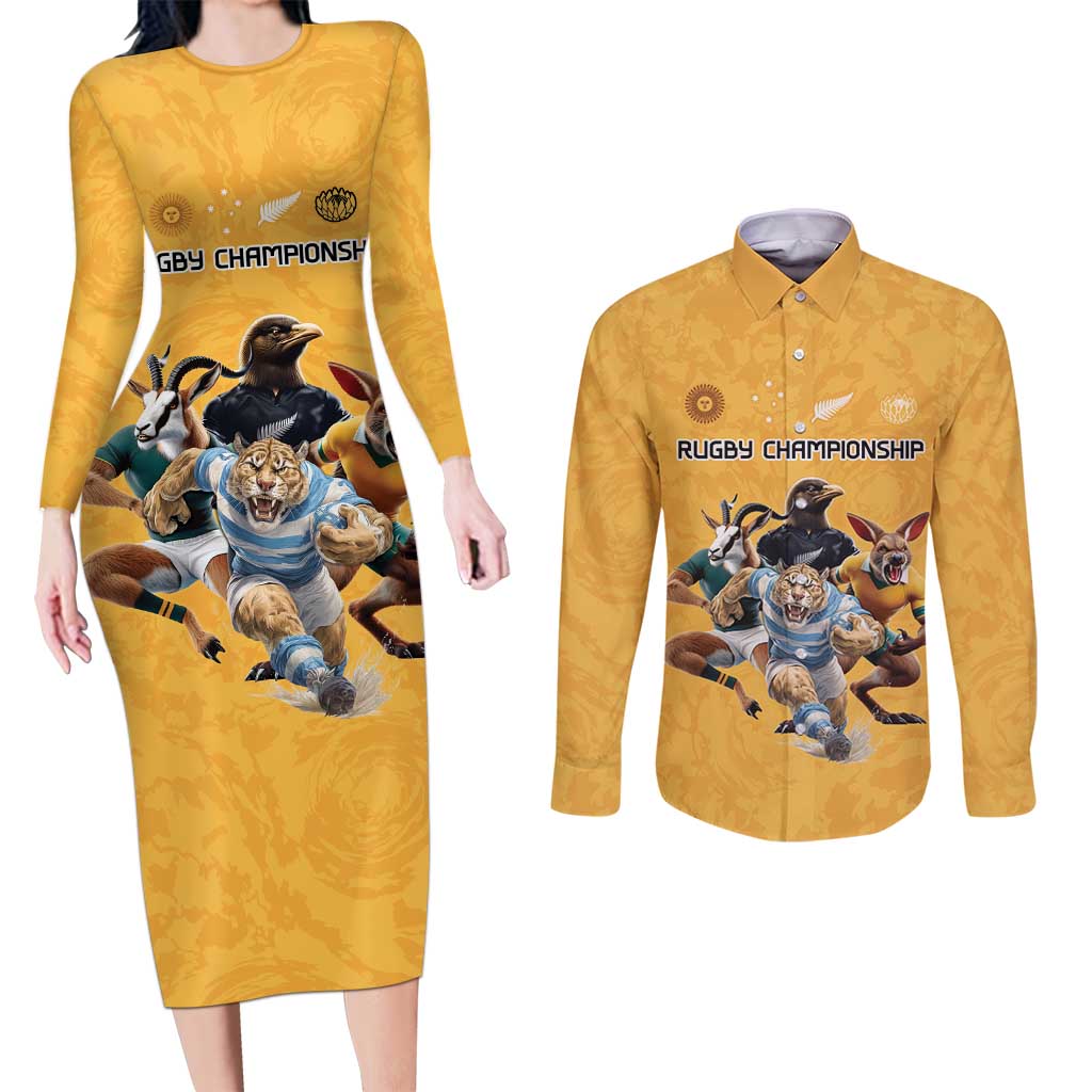 Custom Rugby Southern Hemisphere Couples Matching Long Sleeve Bodycon Dress and Long Sleeve Button Shirt Argentina AUNZ South Africa Mascot Gold - Aussie Hoodie
