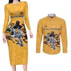 Custom Rugby Southern Hemisphere Couples Matching Long Sleeve Bodycon Dress and Long Sleeve Button Shirt Argentina AUNZ South Africa Mascot Gold - Aussie Hoodie