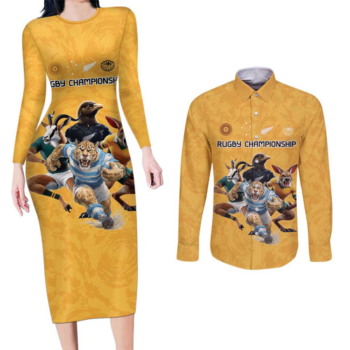 Custom Rugby Southern Hemisphere Couples Matching Long Sleeve Bodycon Dress and Long Sleeve Button Shirt Argentina AUNZ South Africa Mascot Gold - Aussie Hoodie