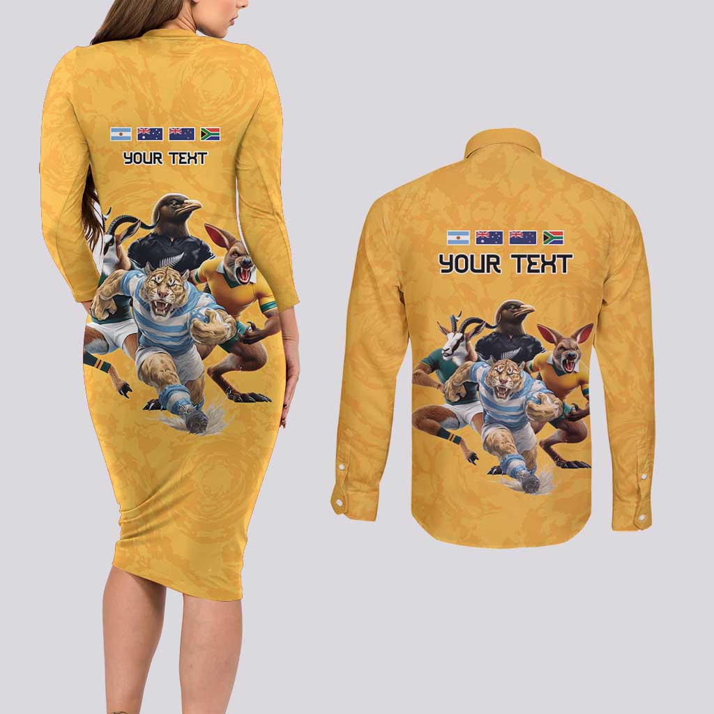 Custom Rugby Southern Hemisphere Couples Matching Long Sleeve Bodycon Dress and Long Sleeve Button Shirt Argentina AUNZ South Africa Mascot Gold - Aussie Hoodie