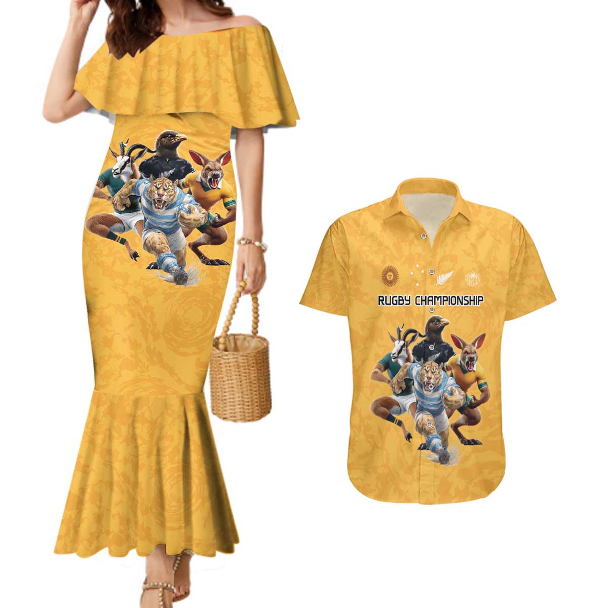 Custom Rugby Southern Hemisphere Couples Matching Mermaid Dress and Hawaiian Shirt Argentina AUNZ South Africa Mascot Gold - Aussie Hoodie