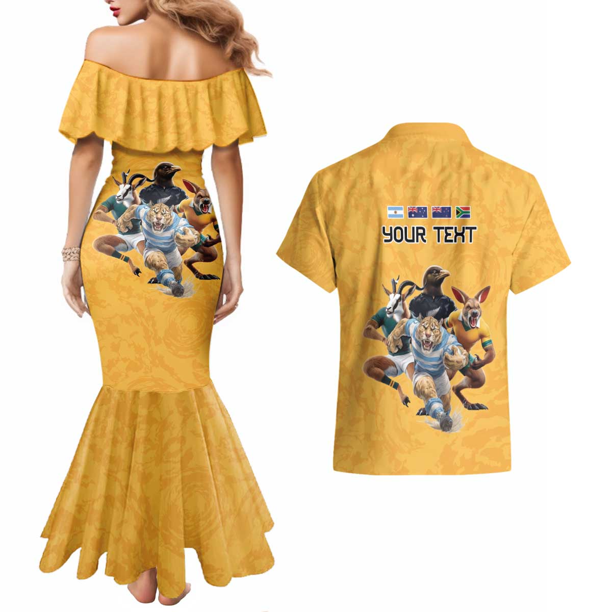 Custom Rugby Southern Hemisphere Couples Matching Mermaid Dress and Hawaiian Shirt Argentina AUNZ South Africa Mascot Gold - Aussie Hoodie