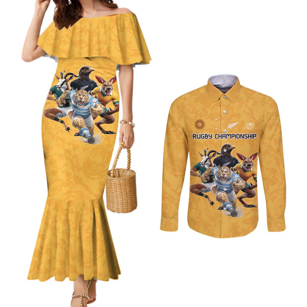 Custom Rugby Southern Hemisphere Couples Matching Mermaid Dress and Long Sleeve Button Shirt Argentina AUNZ South Africa Mascot Gold - Aussie Hoodie