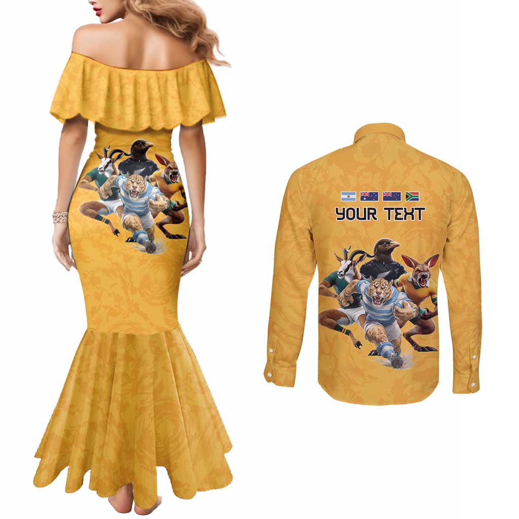 Custom Rugby Southern Hemisphere Couples Matching Mermaid Dress and Long Sleeve Button Shirt Argentina AUNZ South Africa Mascot Gold - Aussie Hoodie
