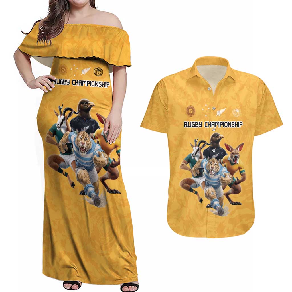 Custom Rugby Southern Hemisphere Couples Matching Off Shoulder Maxi Dress and Hawaiian Shirt Argentina AUNZ South Africa Mascot Gold - Aussie Hoodie