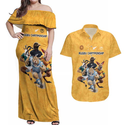 Custom Rugby Southern Hemisphere Couples Matching Off Shoulder Maxi Dress and Hawaiian Shirt Argentina AUNZ South Africa Mascot Gold - Aussie Hoodie
