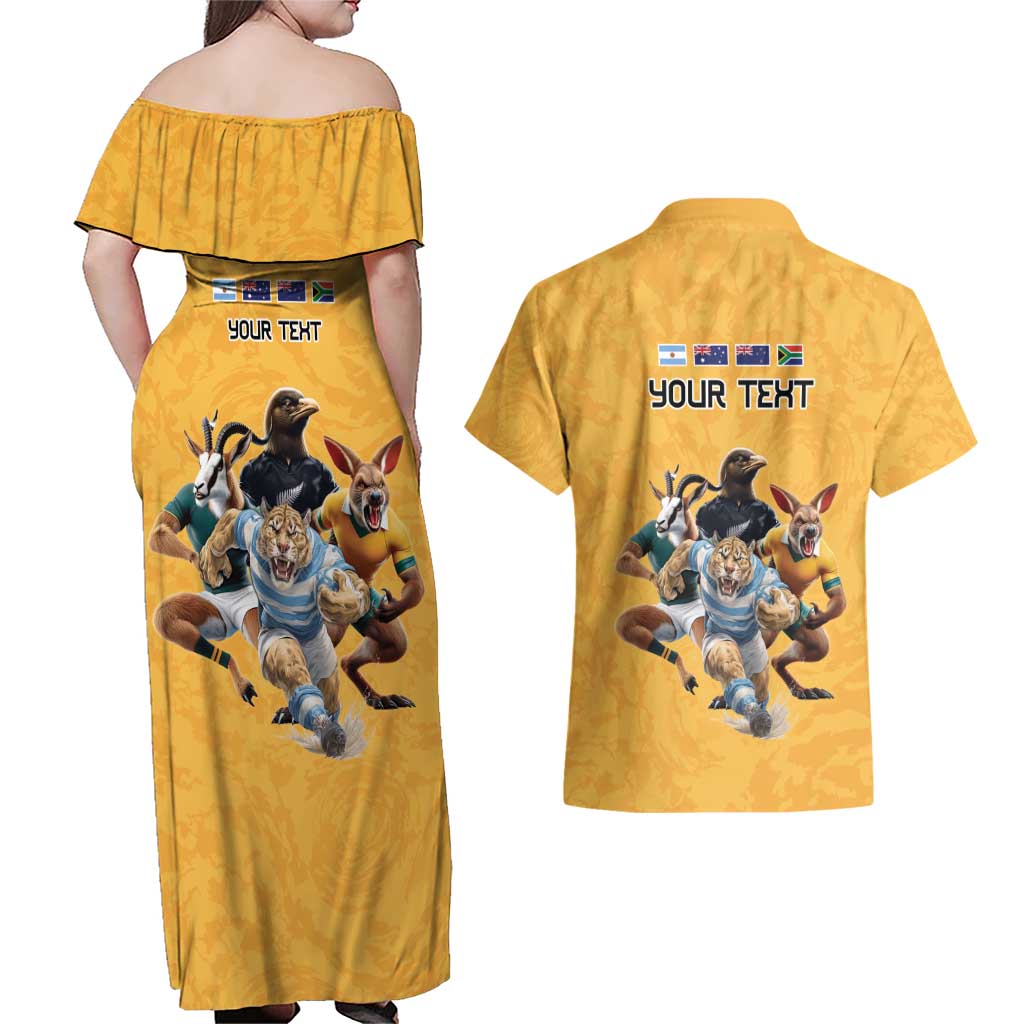 Custom Rugby Southern Hemisphere Couples Matching Off Shoulder Maxi Dress and Hawaiian Shirt Argentina AUNZ South Africa Mascot Gold - Aussie Hoodie