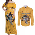 Custom Rugby Southern Hemisphere Couples Matching Off Shoulder Maxi Dress and Long Sleeve Button Shirt Argentina AUNZ South Africa Mascot Gold - Aussie Hoodie