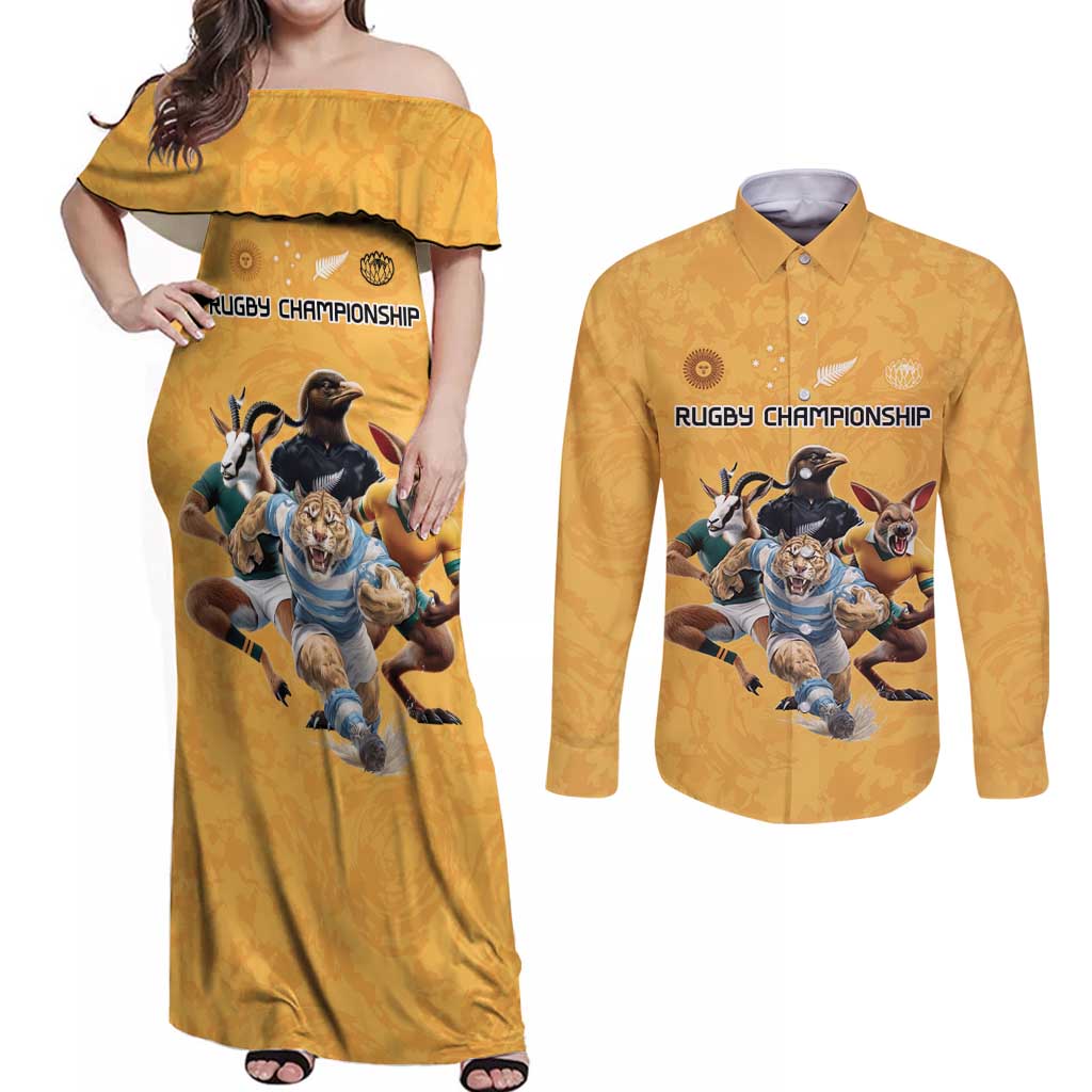 Custom Rugby Southern Hemisphere Couples Matching Off Shoulder Maxi Dress and Long Sleeve Button Shirt Argentina AUNZ South Africa Mascot Gold - Aussie Hoodie