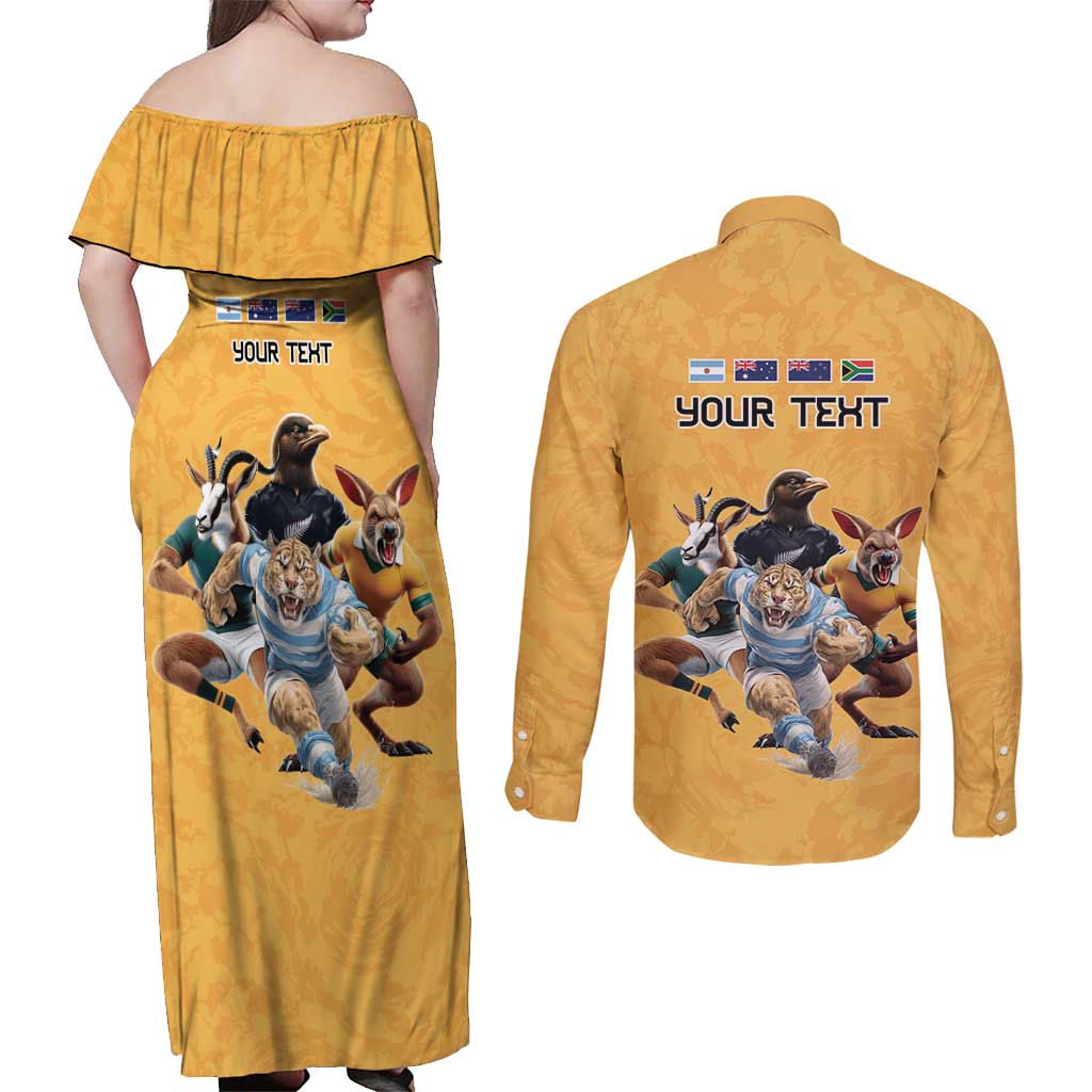 Custom Rugby Southern Hemisphere Couples Matching Off Shoulder Maxi Dress and Long Sleeve Button Shirt Argentina AUNZ South Africa Mascot Gold - Aussie Hoodie
