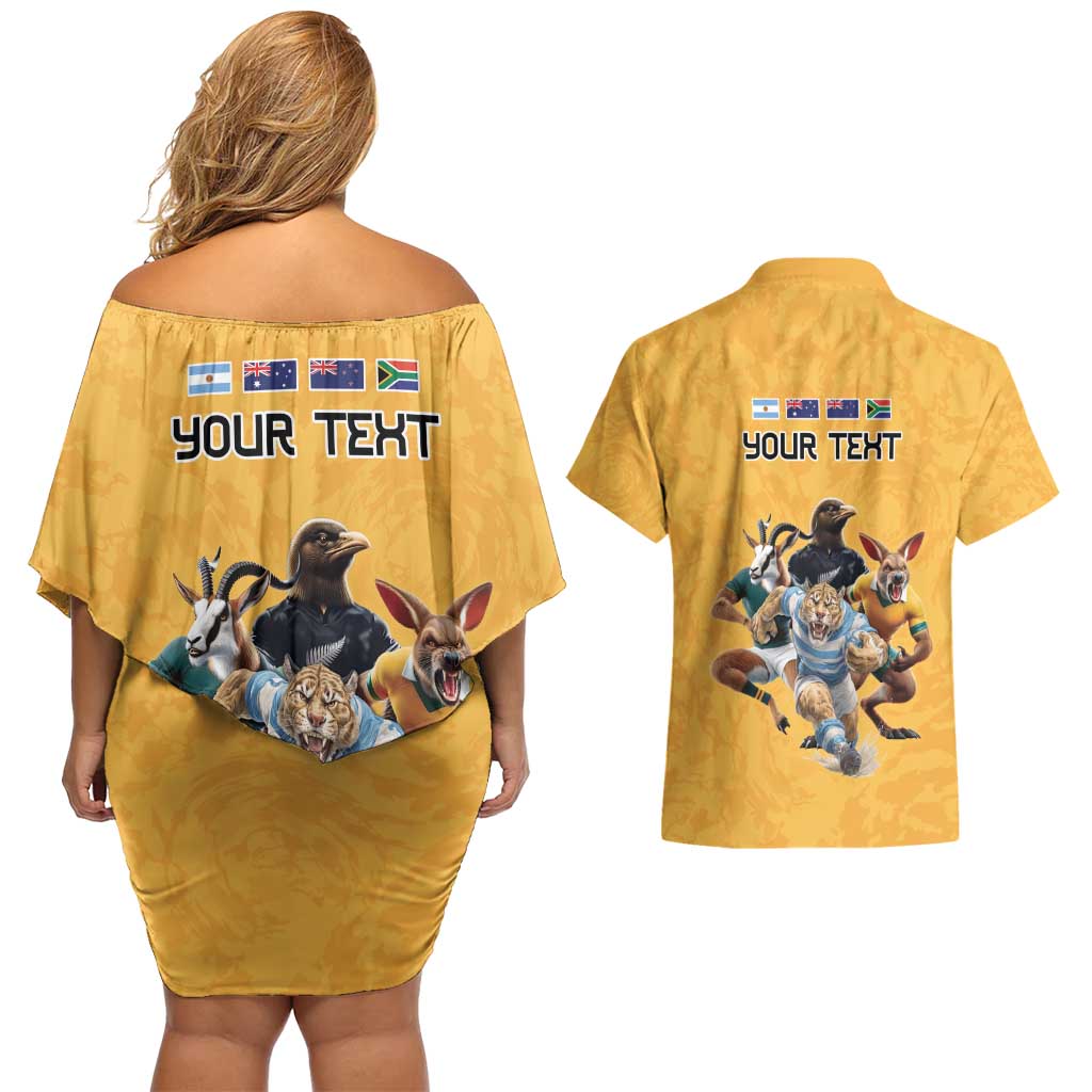 Custom Rugby Southern Hemisphere Couples Matching Off Shoulder Short Dress and Hawaiian Shirt Argentina AUNZ South Africa Mascot Gold - Aussie Hoodie