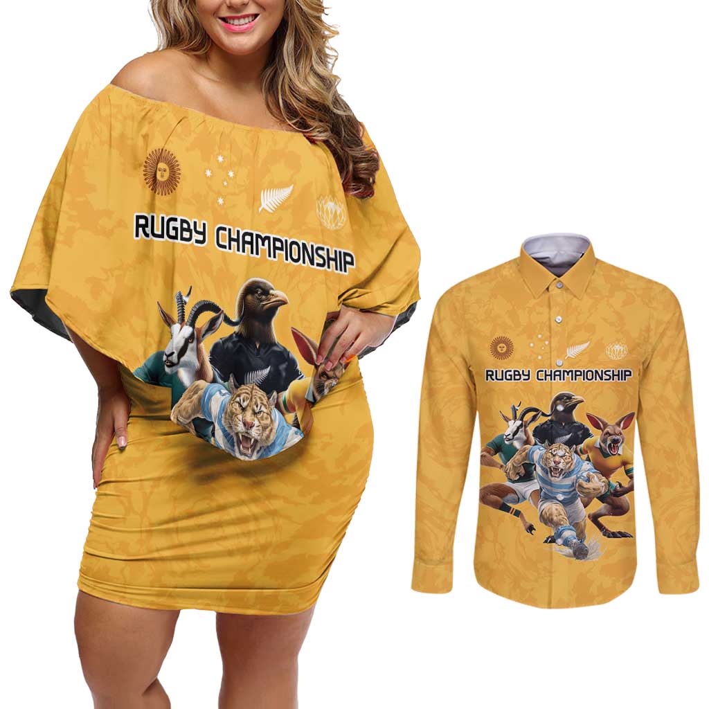 Custom Rugby Southern Hemisphere Couples Matching Off Shoulder Short Dress and Long Sleeve Button Shirt Argentina AUNZ South Africa Mascot Gold - Aussie Hoodie