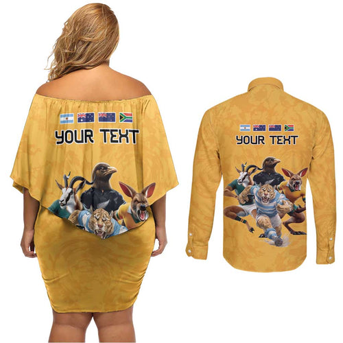 Custom Rugby Southern Hemisphere Couples Matching Off Shoulder Short Dress and Long Sleeve Button Shirt Argentina AUNZ South Africa Mascot Gold - Aussie Hoodie
