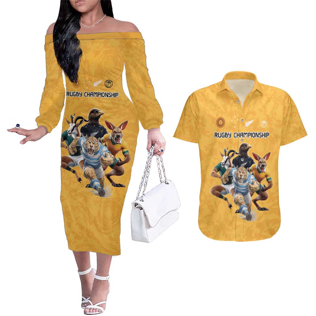 Custom Rugby Southern Hemisphere Couples Matching Off The Shoulder Long Sleeve Dress and Hawaiian Shirt Argentina AUNZ South Africa Mascot Gold - Aussie Hoodie