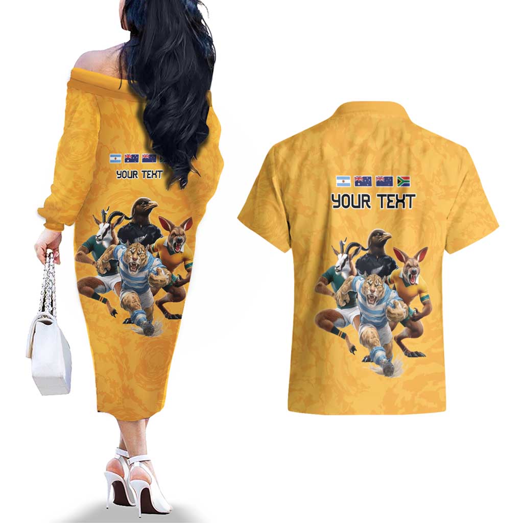 Custom Rugby Southern Hemisphere Couples Matching Off The Shoulder Long Sleeve Dress and Hawaiian Shirt Argentina AUNZ South Africa Mascot Gold - Aussie Hoodie