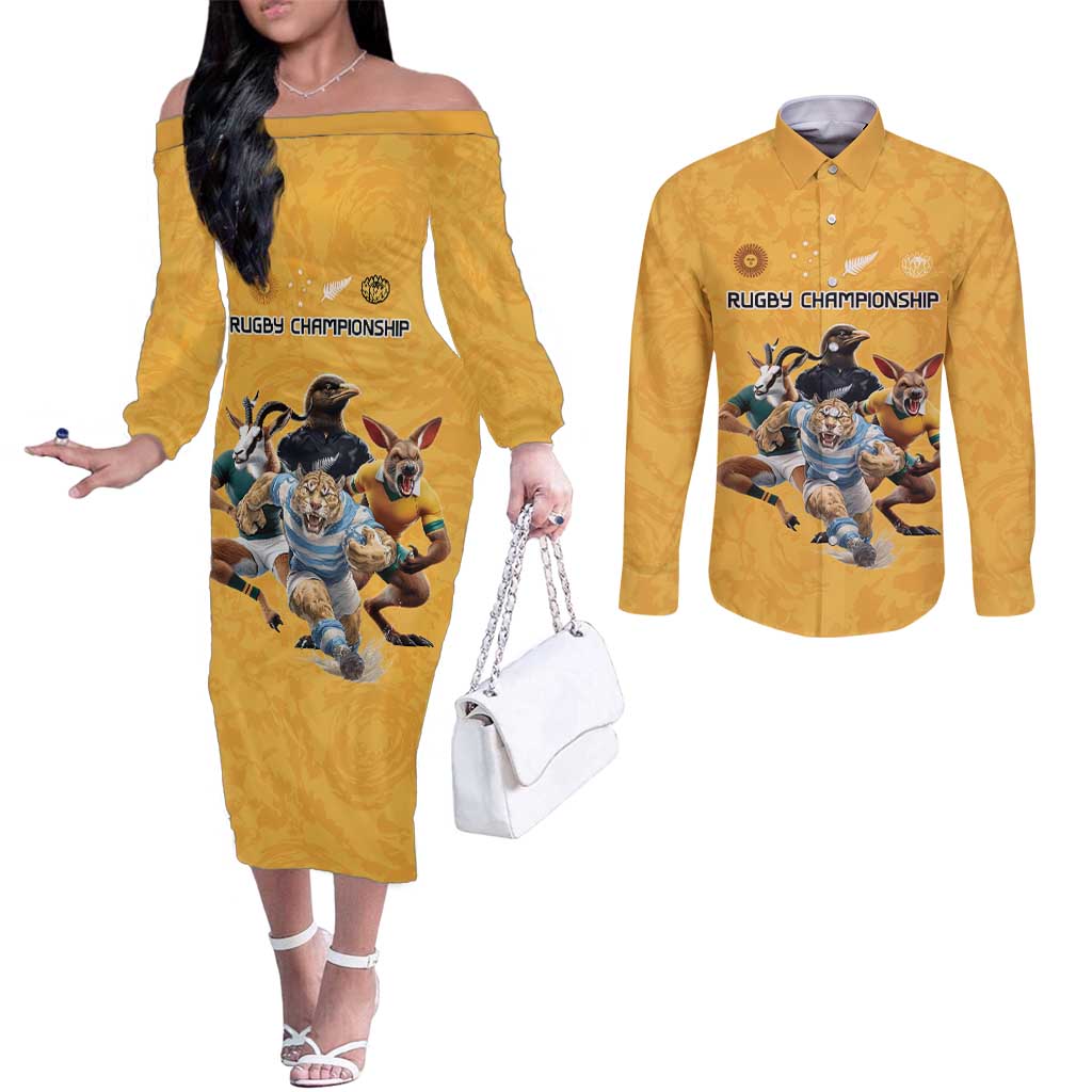 Custom Rugby Southern Hemisphere Couples Matching Off The Shoulder Long Sleeve Dress and Long Sleeve Button Shirt Argentina AUNZ South Africa Mascot Gold - Aussie Hoodie