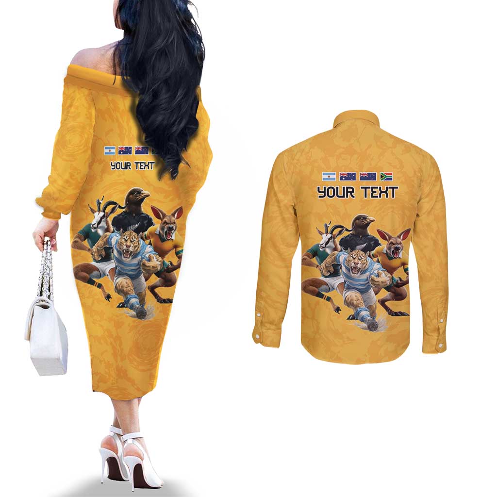 Custom Rugby Southern Hemisphere Couples Matching Off The Shoulder Long Sleeve Dress and Long Sleeve Button Shirt Argentina AUNZ South Africa Mascot Gold - Aussie Hoodie