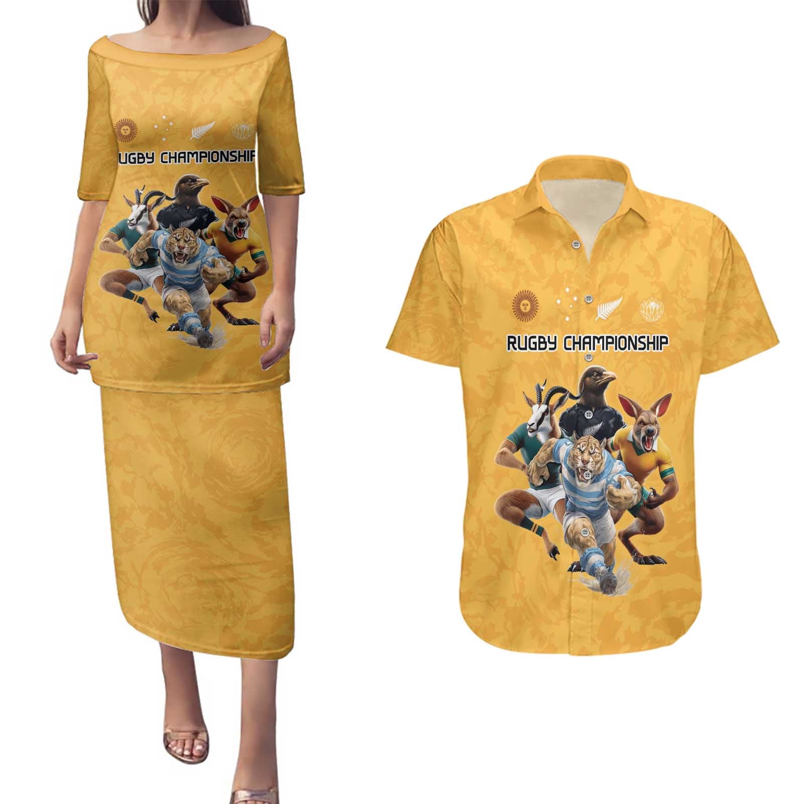 Custom Rugby Southern Hemisphere Couples Matching Puletasi and Hawaiian Shirt Argentina AUNZ South Africa Mascot Gold - Aussie Hoodie