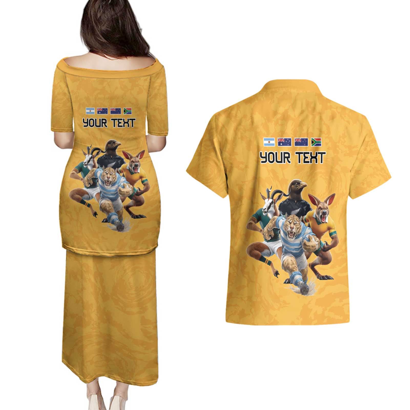Custom Rugby Southern Hemisphere Couples Matching Puletasi and Hawaiian Shirt Argentina AUNZ South Africa Mascot Gold - Aussie Hoodie