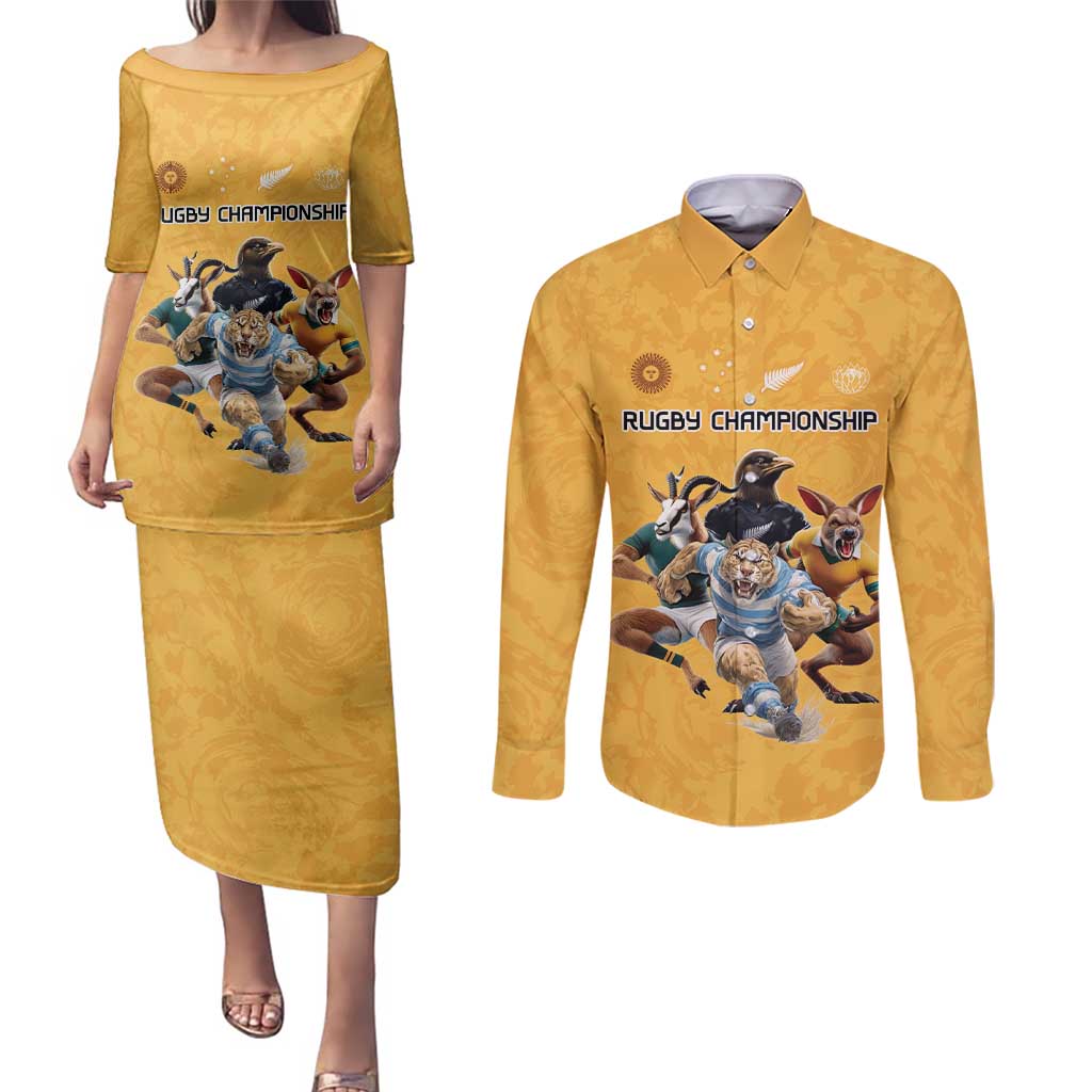Custom Rugby Southern Hemisphere Couples Matching Puletasi and Long Sleeve Button Shirt Argentina AUNZ South Africa Mascot Gold - Aussie Hoodie