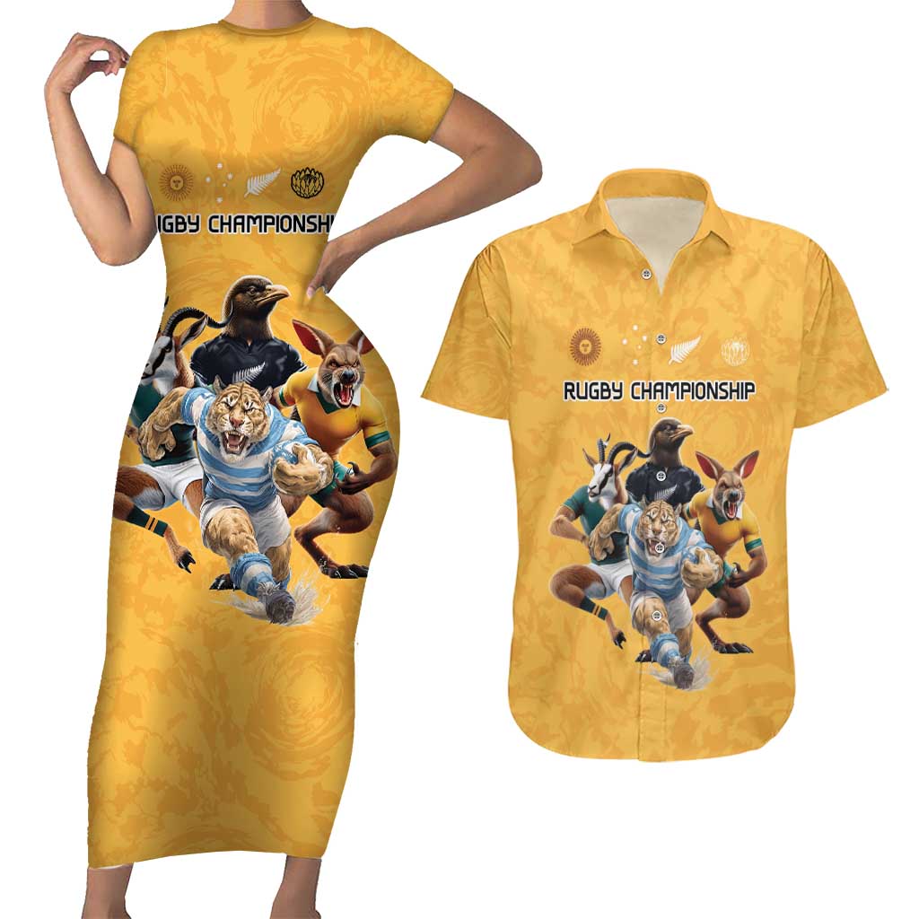 Custom Rugby Southern Hemisphere Couples Matching Short Sleeve Bodycon Dress and Hawaiian Shirt Argentina AUNZ South Africa Mascot Gold - Aussie Hoodie