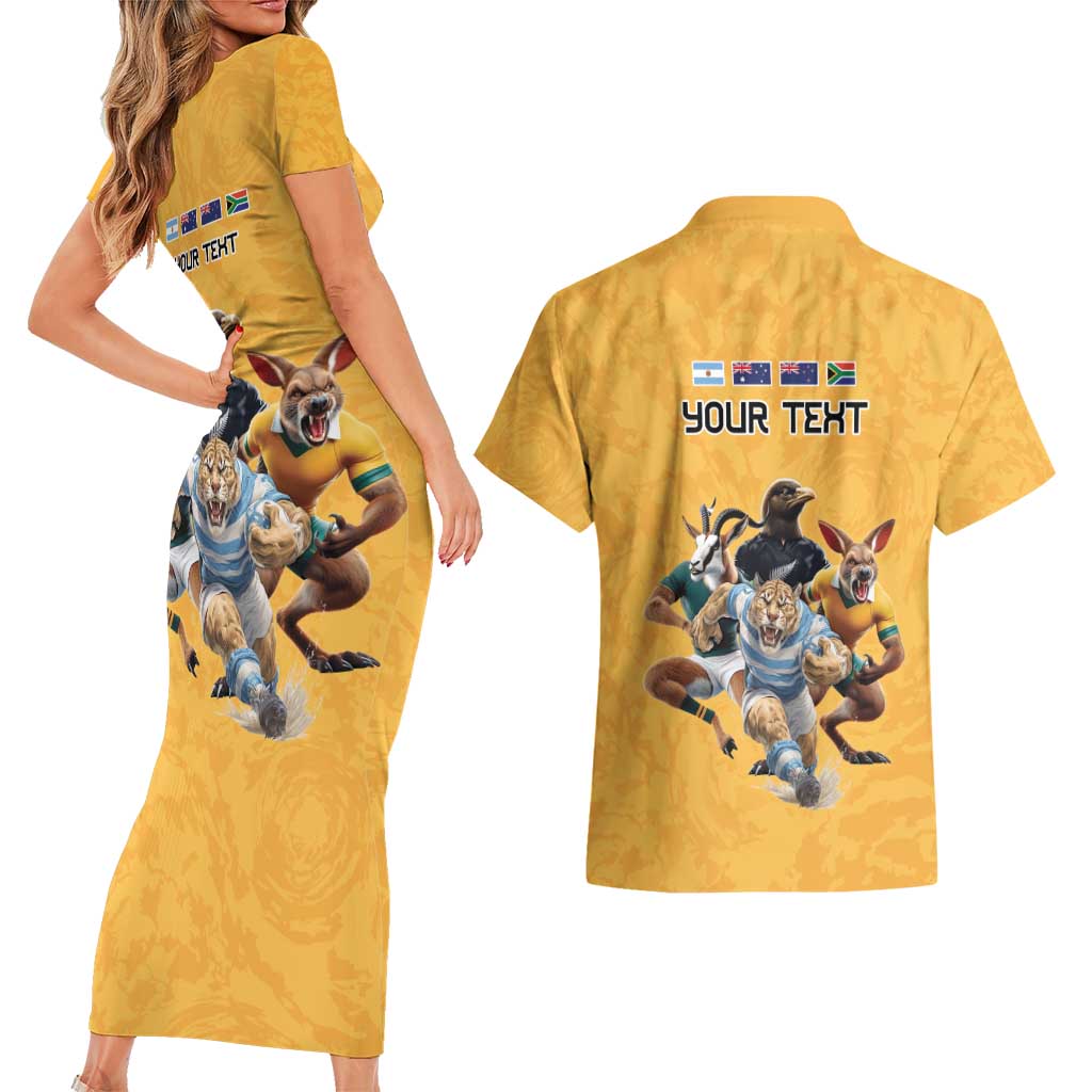 Custom Rugby Southern Hemisphere Couples Matching Short Sleeve Bodycon Dress and Hawaiian Shirt Argentina AUNZ South Africa Mascot Gold - Aussie Hoodie