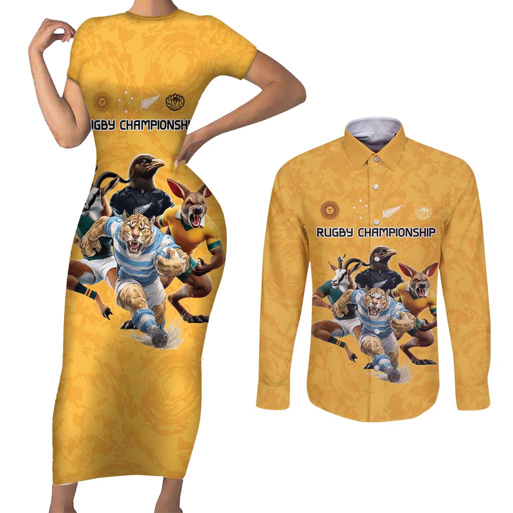 Custom Rugby Southern Hemisphere Couples Matching Short Sleeve Bodycon Dress and Long Sleeve Button Shirt Argentina AUNZ South Africa Mascot Gold - Aussie Hoodie