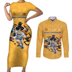 Custom Rugby Southern Hemisphere Couples Matching Short Sleeve Bodycon Dress and Long Sleeve Button Shirt Argentina AUNZ South Africa Mascot Gold - Aussie Hoodie