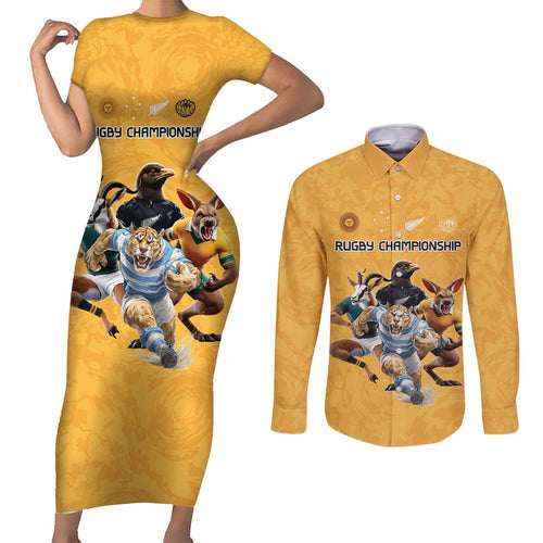 Custom Rugby Southern Hemisphere Couples Matching Short Sleeve Bodycon Dress and Long Sleeve Button Shirt Argentina AUNZ South Africa Mascot Gold - Aussie Hoodie