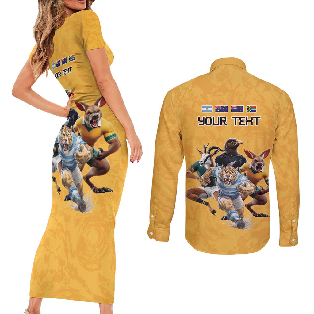 Custom Rugby Southern Hemisphere Couples Matching Short Sleeve Bodycon Dress and Long Sleeve Button Shirt Argentina AUNZ South Africa Mascot Gold - Aussie Hoodie