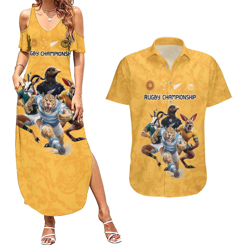 Custom Rugby Southern Hemisphere Couples Matching Summer Maxi Dress and Hawaiian Shirt Argentina AUNZ South Africa Mascot Gold - Aussie Hoodie