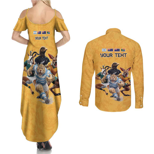 Custom Rugby Southern Hemisphere Couples Matching Summer Maxi Dress and Long Sleeve Button Shirt Argentina AUNZ South Africa Mascot Gold - Aussie Hoodie
