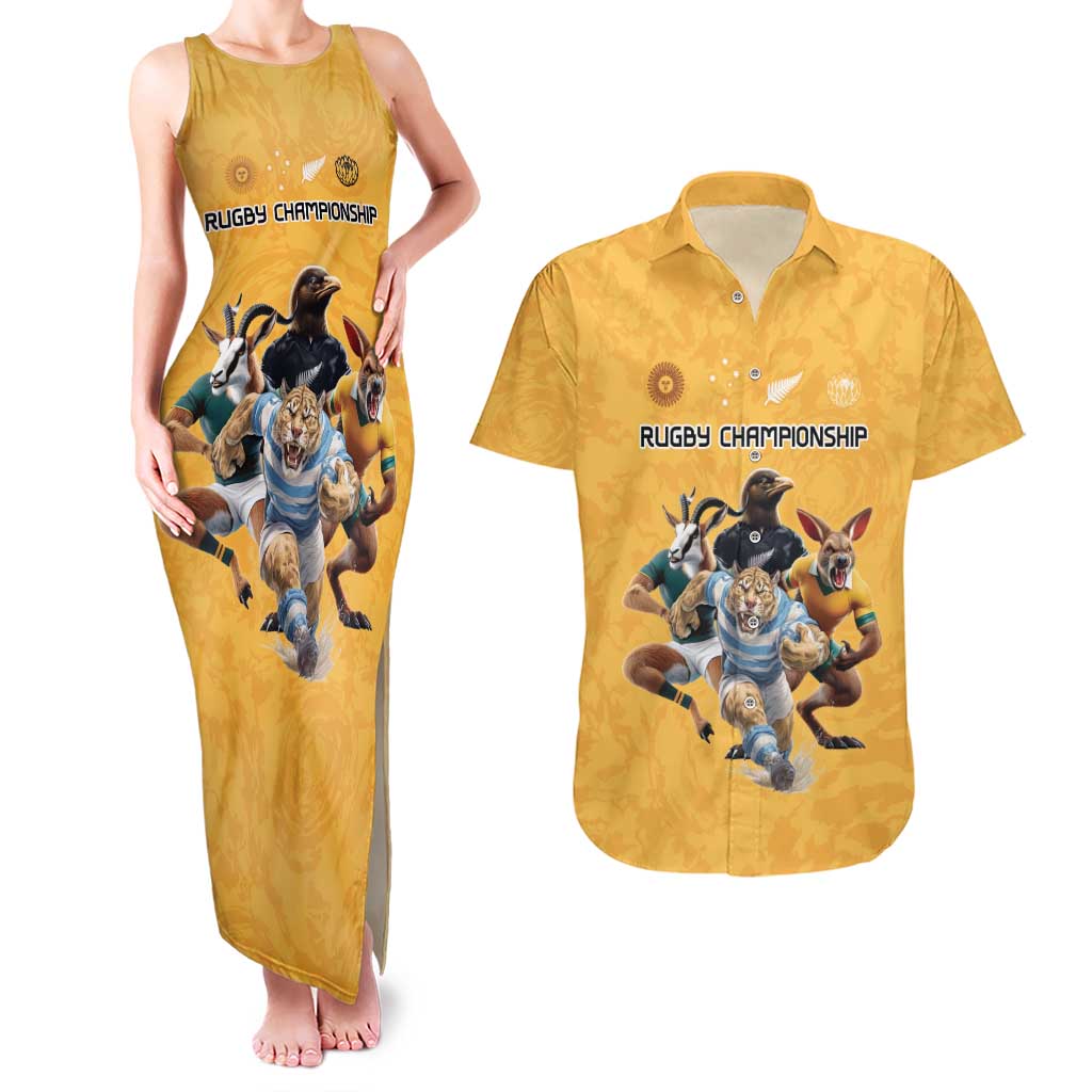 Custom Rugby Southern Hemisphere Couples Matching Tank Maxi Dress and Hawaiian Shirt Argentina AUNZ South Africa Mascot Gold - Aussie Hoodie