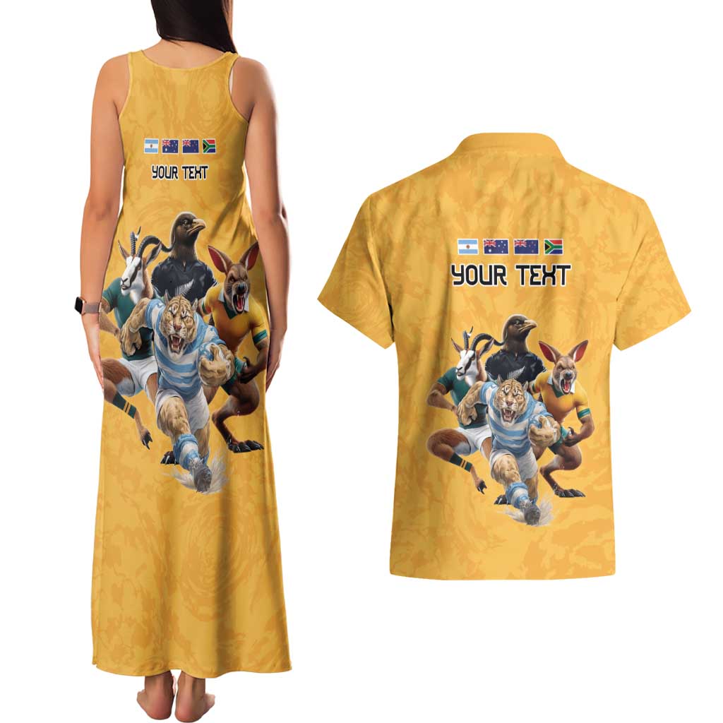 Custom Rugby Southern Hemisphere Couples Matching Tank Maxi Dress and Hawaiian Shirt Argentina AUNZ South Africa Mascot Gold - Aussie Hoodie