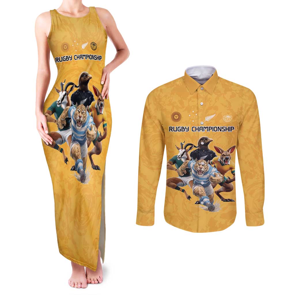 Custom Rugby Southern Hemisphere Couples Matching Tank Maxi Dress and Long Sleeve Button Shirt Argentina AUNZ South Africa Mascot Gold - Aussie Hoodie