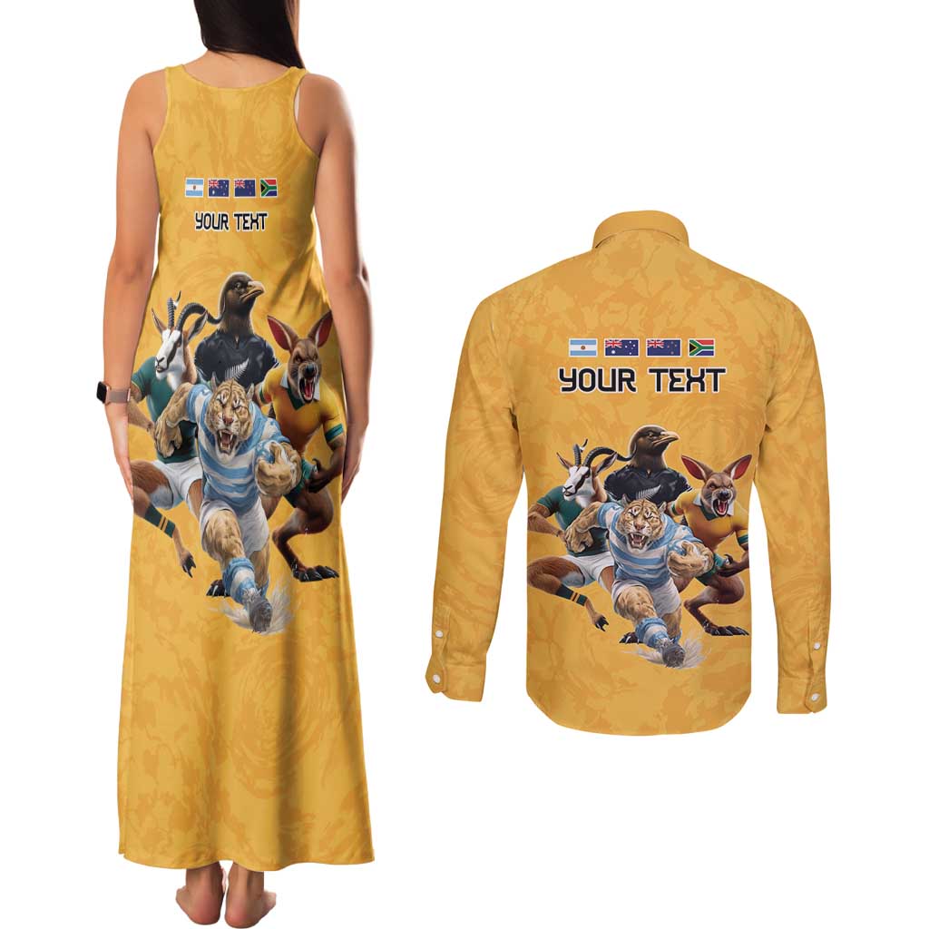 Custom Rugby Southern Hemisphere Couples Matching Tank Maxi Dress and Long Sleeve Button Shirt Argentina AUNZ South Africa Mascot Gold - Aussie Hoodie