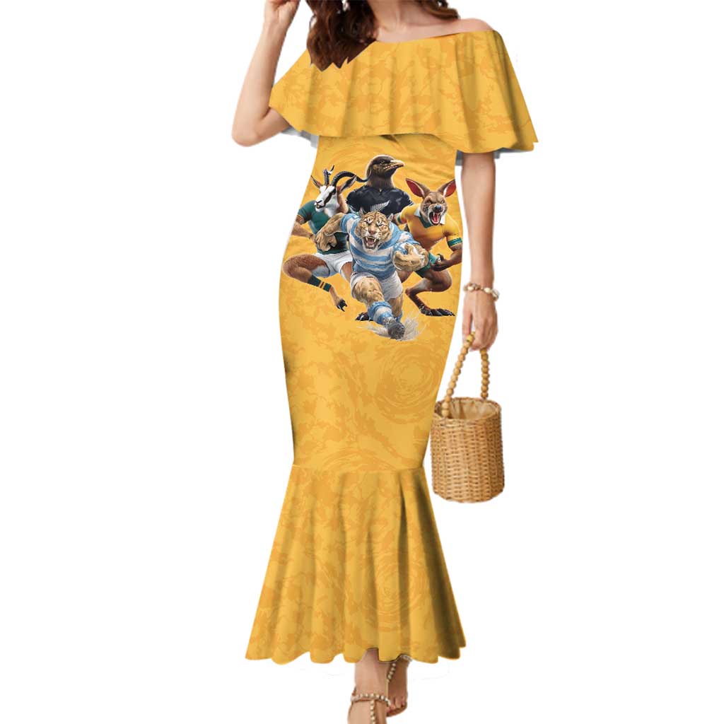 Custom Rugby Southern Hemisphere Family Matching Mermaid Dress and Hawaiian Shirt Argentina AUNZ South Africa Mascot Gold - Aussie Hoodie
