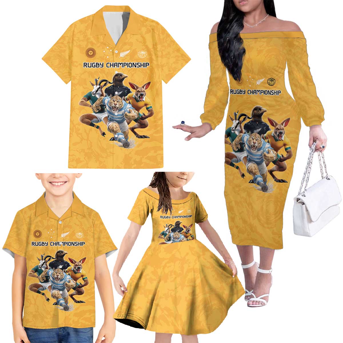 Custom Rugby Southern Hemisphere Family Matching Off The Shoulder Long Sleeve Dress and Hawaiian Shirt Argentina AUNZ South Africa Mascot Gold - Aussie Hoodie