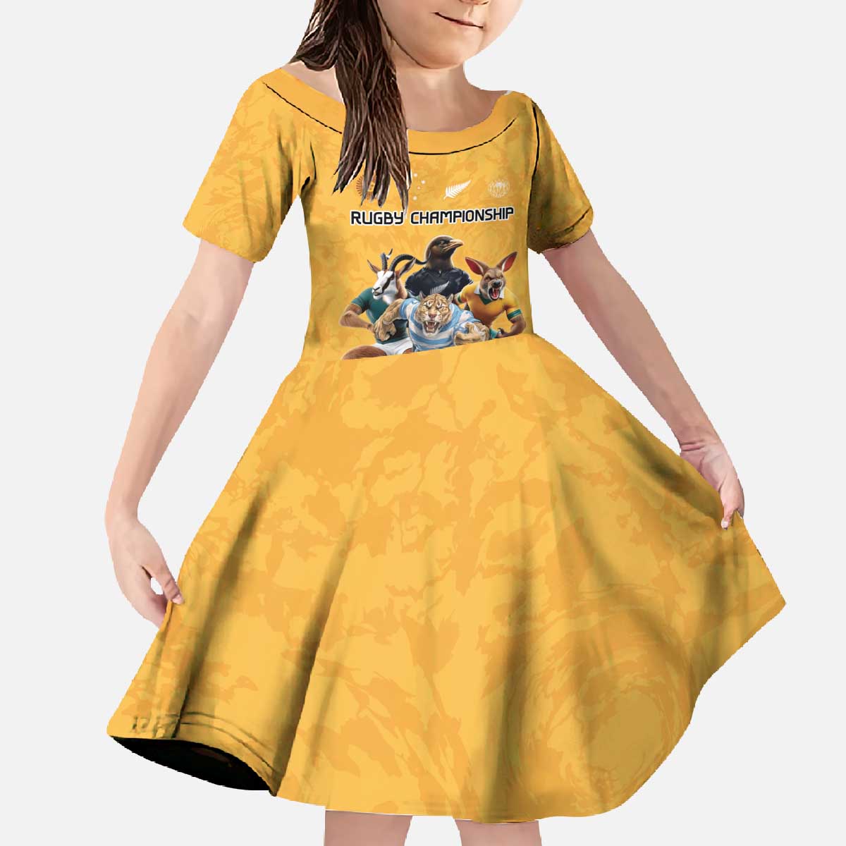 Custom Rugby Southern Hemisphere Family Matching Off The Shoulder Long Sleeve Dress and Hawaiian Shirt Argentina AUNZ South Africa Mascot Gold - Aussie Hoodie