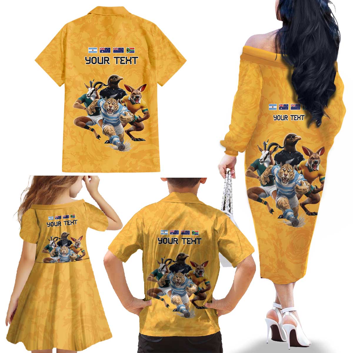 Custom Rugby Southern Hemisphere Family Matching Off The Shoulder Long Sleeve Dress and Hawaiian Shirt Argentina AUNZ South Africa Mascot Gold - Aussie Hoodie
